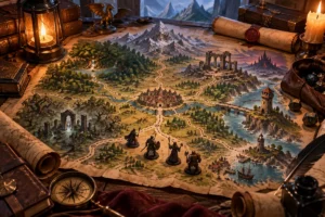 Mapa de fantasia sobre uma mesa de RPG com miniaturas de aventureiros, caminhos, ruínas, florestas e montanhas representando uma campanha sandbox de mundo aberto.