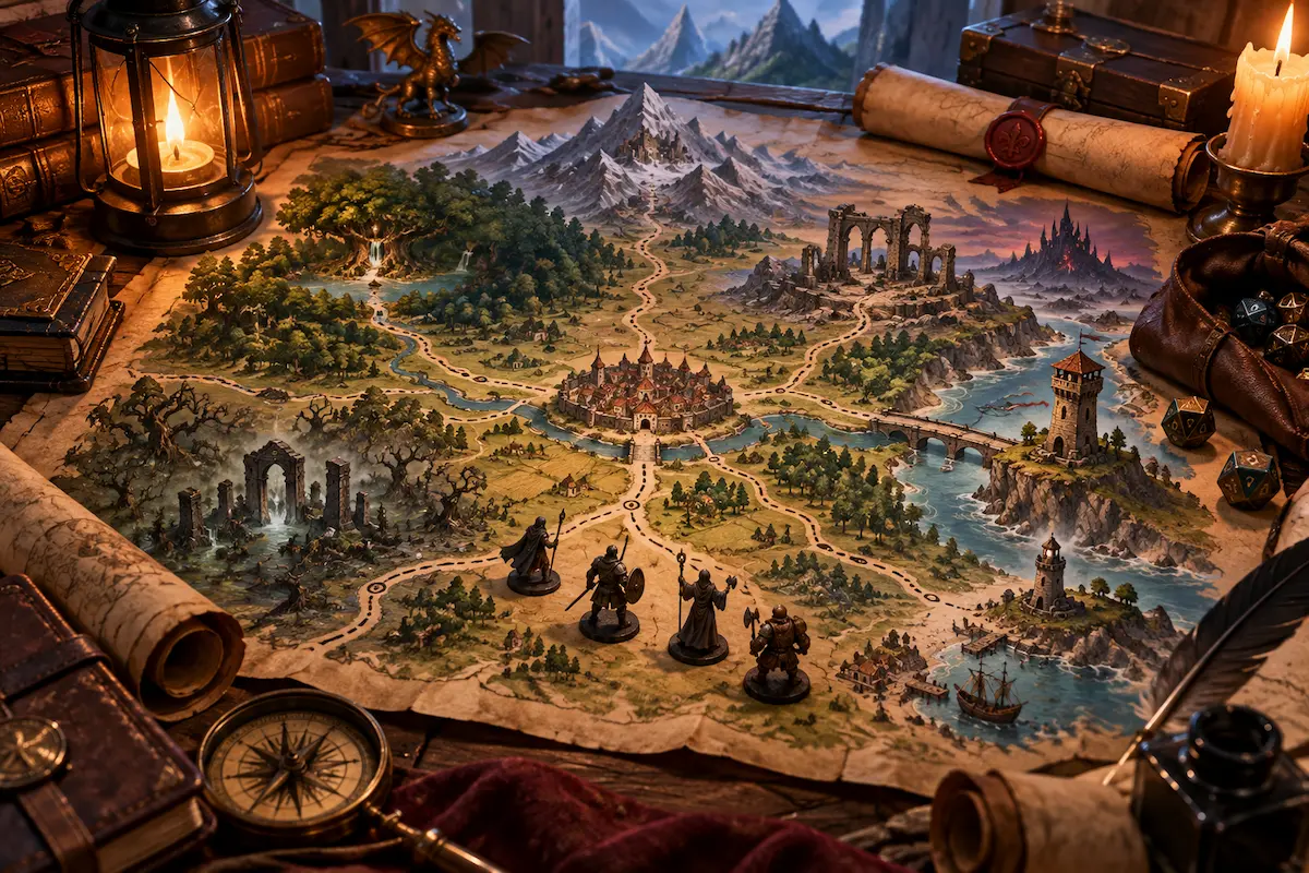 Mapa de fantasia sobre uma mesa de RPG com miniaturas de aventureiros, caminhos, ruínas, florestas e montanhas representando uma campanha sandbox de mundo aberto.
