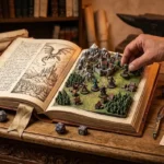 Uma fotografia macro de um antigo livro de fantasia aberto sobre uma mesa de madeira rústica. Da página direita, emerge um diorama 3D detalhado de um cenário de RPG, completo com castelo, vilarejo e uma grade hexagonal verde. Uma mão humana segura e coloca uma miniatura de criatura no mapa. A página esquerda mostra uma ilustração em bico de pena de um dragão voando sobre um castelo. Ao redor do livro estão dados de RPG poliédricos, pergaminhos, uma pena e tinteiro, e uma ficha de personagem. Uma bigorna de ferreiro está visível no fundo desfocado, sob uma luz quente de lampião.