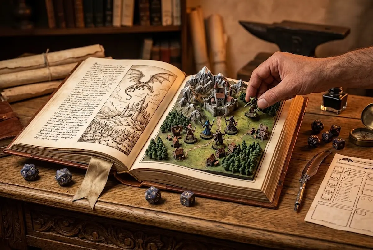 Uma fotografia macro de um antigo livro de fantasia aberto sobre uma mesa de madeira rústica. Da página direita, emerge um diorama 3D detalhado de um cenário de RPG, completo com castelo, vilarejo e uma grade hexagonal verde. Uma mão humana segura e coloca uma miniatura de criatura no mapa. A página esquerda mostra uma ilustração em bico de pena de um dragão voando sobre um castelo. Ao redor do livro estão dados de RPG poliédricos, pergaminhos, uma pena e tinteiro, e uma ficha de personagem. Uma bigorna de ferreiro está visível no fundo desfocado, sob uma luz quente de lampião.