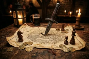 Uma adaga cravada no centro de um mapa de cidade medieval estendido sobre uma mesa de madeira rústica. Ao redor do mapa, estão espalhadas moedas de ouro e peças de xadrez de madeira. O ambiente é de uma taverna escura iluminada por velas, representando planejamento e intriga política em uma campanha de RPG.