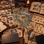 Mesa de worldbuilding dividida entre escrita narrativa e organização de lore, com mapa de fantasia, fichas de personagens, cronologia, árvore genealógica e enciclopédia aberta.