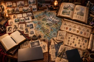 Mesa de worldbuilding dividida entre escrita narrativa e organização de lore, com mapa de fantasia, fichas de personagens, cronologia, árvore genealógica e enciclopédia aberta.