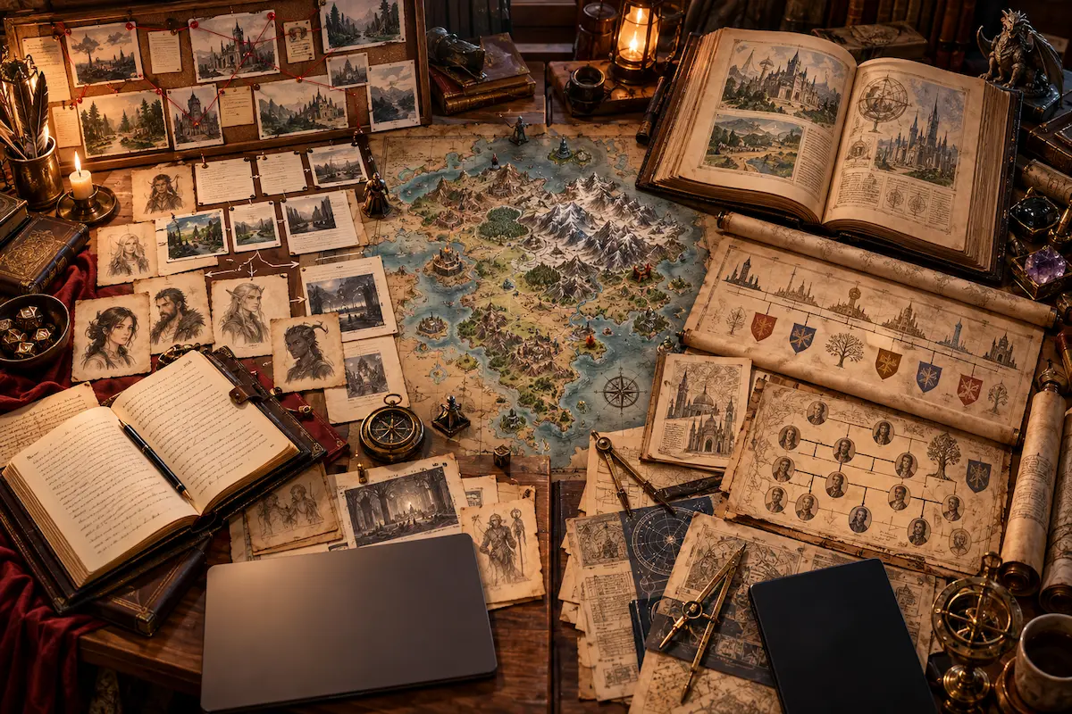 Mesa de worldbuilding dividida entre escrita narrativa e organização de lore, com mapa de fantasia, fichas de personagens, cronologia, árvore genealógica e enciclopédia aberta.