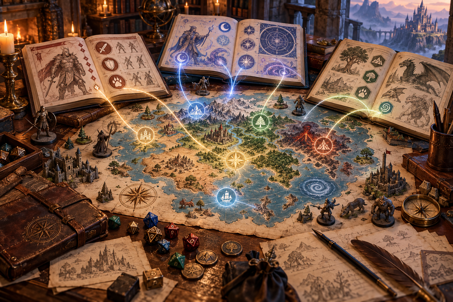 Mesa de criação de RPG com mapa de fantasia, livros de regras genéricos, dados, miniaturas e conexões mágicas representando a adaptação de sistemas ao mundo autoral.