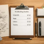 Checklist de worldbuilding em mesa de escrita criativa, com mapa de fantasia, pergaminhos, fichas de personagens e materiais de planejamento.