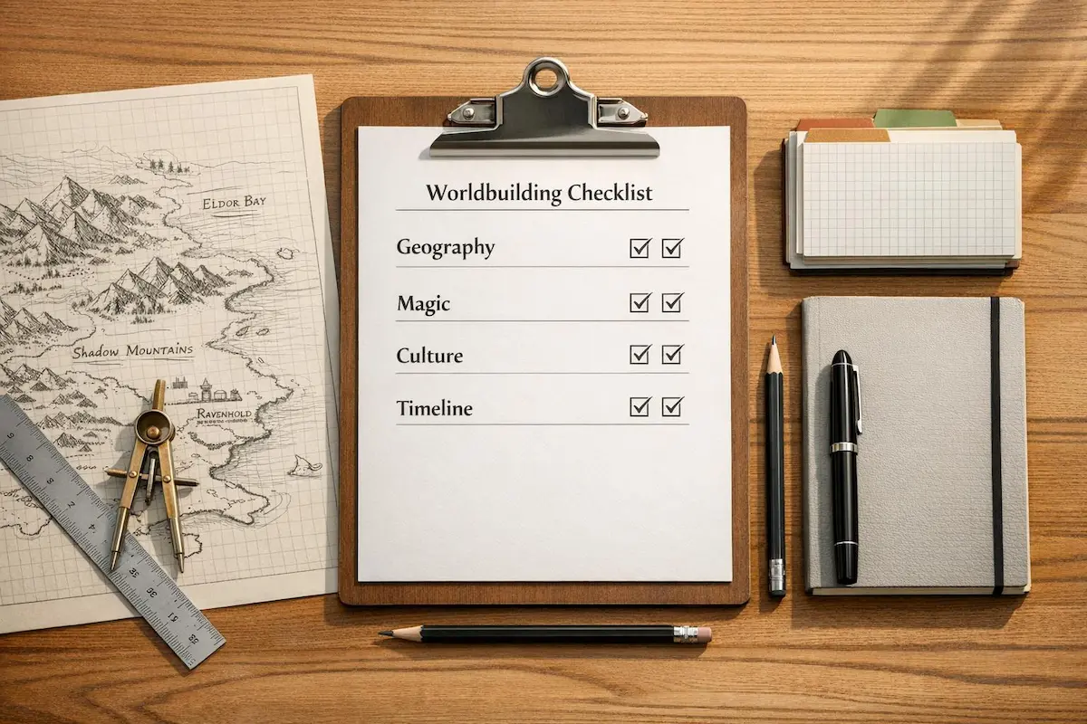 Checklist de worldbuilding em mesa de escrita criativa, com mapa de fantasia, pergaminhos, fichas de personagens e materiais de planejamento.