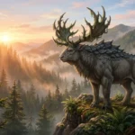 Uma colossal criatura fantástica quadrúpede com placas ósseas no dorso e galhadas cobertas de musgo observa serena um vale de floresta nebulosa ao amanhecer, com raios de sol dourados atravessando a névoa entre montanhas distantes.
