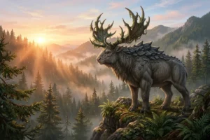 Uma colossal criatura fantástica quadrúpede com placas ósseas no dorso e galhadas cobertas de musgo observa serena um vale de floresta nebulosa ao amanhecer, com raios de sol dourados atravessando a névoa entre montanhas distantes.