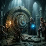 Aventureiros de RPG em uma câmara antiga subterrânea iluminada por tochas e luz mística azul, examinando uma colossal porta de pedra com discos concêntricos giratórios, runas entalhadas e engrenagens de bronze.