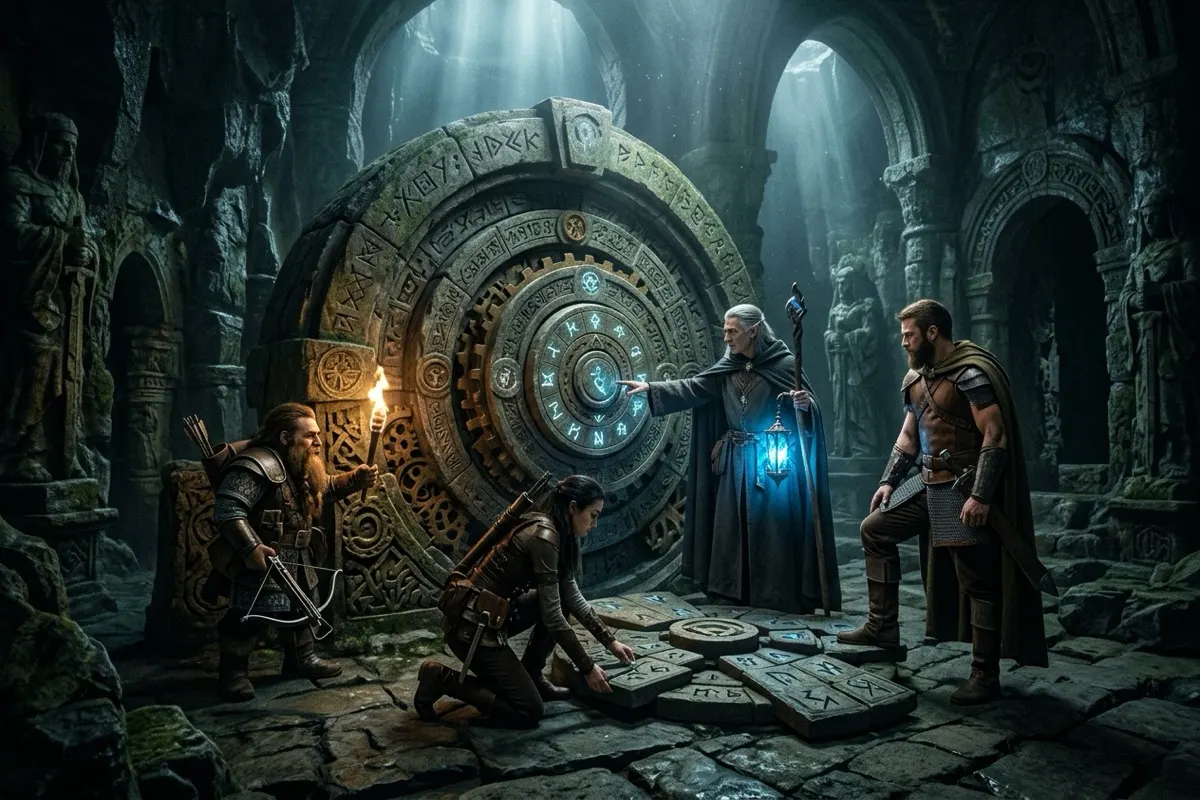 Aventureiros de RPG em uma câmara antiga subterrânea iluminada por tochas e luz mística azul, examinando uma colossal porta de pedra com discos concêntricos giratórios, runas entalhadas e engrenagens de bronze.
