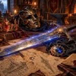 Espada mágica lendária sobre mesa de forja, cercada por coroa, máscara, amuleto, chave e mapas de fantasia iluminados por velas e energia arcana.