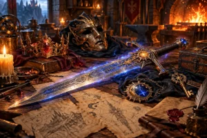 Espada mágica lendária sobre mesa de forja, cercada por coroa, máscara, amuleto, chave e mapas de fantasia iluminados por velas e energia arcana.