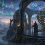 Figura enigmática com capuz e cajado observa constelações e auroras boreais através dos arcos de pedra e de uma colossal esfera armilar de bronze em um observatório oracular nas montanhas ao anoitecer.