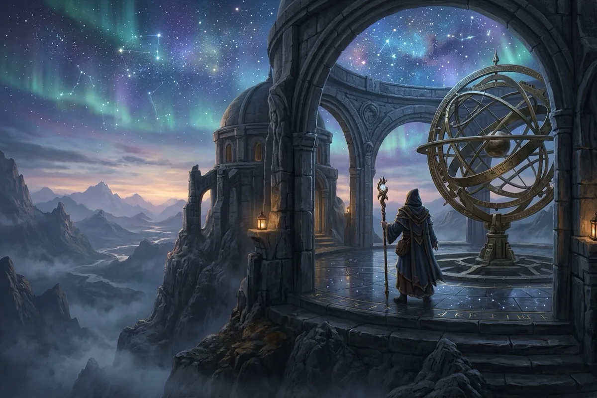 Figura enigmática com capuz e cajado observa constelações e auroras boreais através dos arcos de pedra e de uma colossal esfera armilar de bronze em um observatório oracular nas montanhas ao anoitecer.