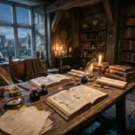Mesa de trabalho de madeira maciça em biblioteca de torre medieval com pergaminhos antigos, diagramas rúnicos e fonéticos abstratos, penas de caligrafia, frascos de tinta índigo e uma janela ogival de pedra com vista para um castelo ao crepúsculo sob céu estrelado.