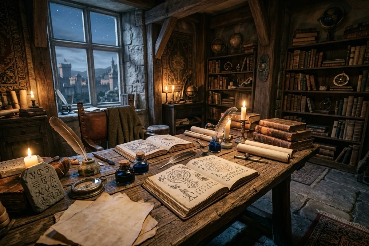 Mesa de trabalho de madeira maciça em biblioteca de torre medieval com pergaminhos antigos, diagramas rúnicos e fonéticos abstratos, penas de caligrafia, frascos de tinta índigo e uma janela ogival de pedra com vista para um castelo ao crepúsculo sob céu estrelado.