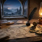 Escrivaninha de madeira com mapa de fantasia desenhado à mão, pergaminhos iluminados por lamparina âmbar e bússola antiga, ilustrando o planejamento de um romance de fantasia.