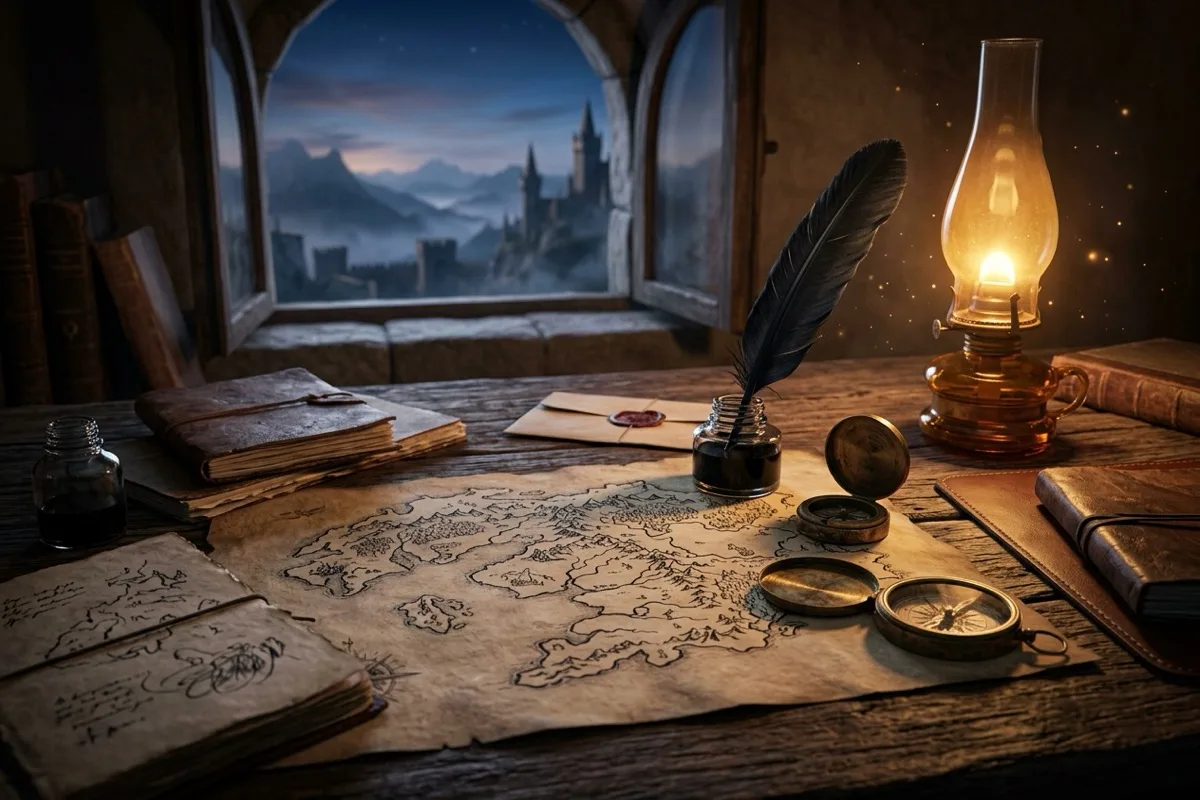 Escrivaninha de madeira com mapa de fantasia desenhado à mão, pergaminhos iluminados por lamparina âmbar e bússola antiga, ilustrando o planejamento de um romance de fantasia.