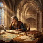 Escritor de fantasia em biblioteca medieval iluminada por vitrais góticos, examinando manuscrito de livro sobre mesa de madeira com mapa antigo, tinteiro de pena, livro encadernado em couro e ampulheta.