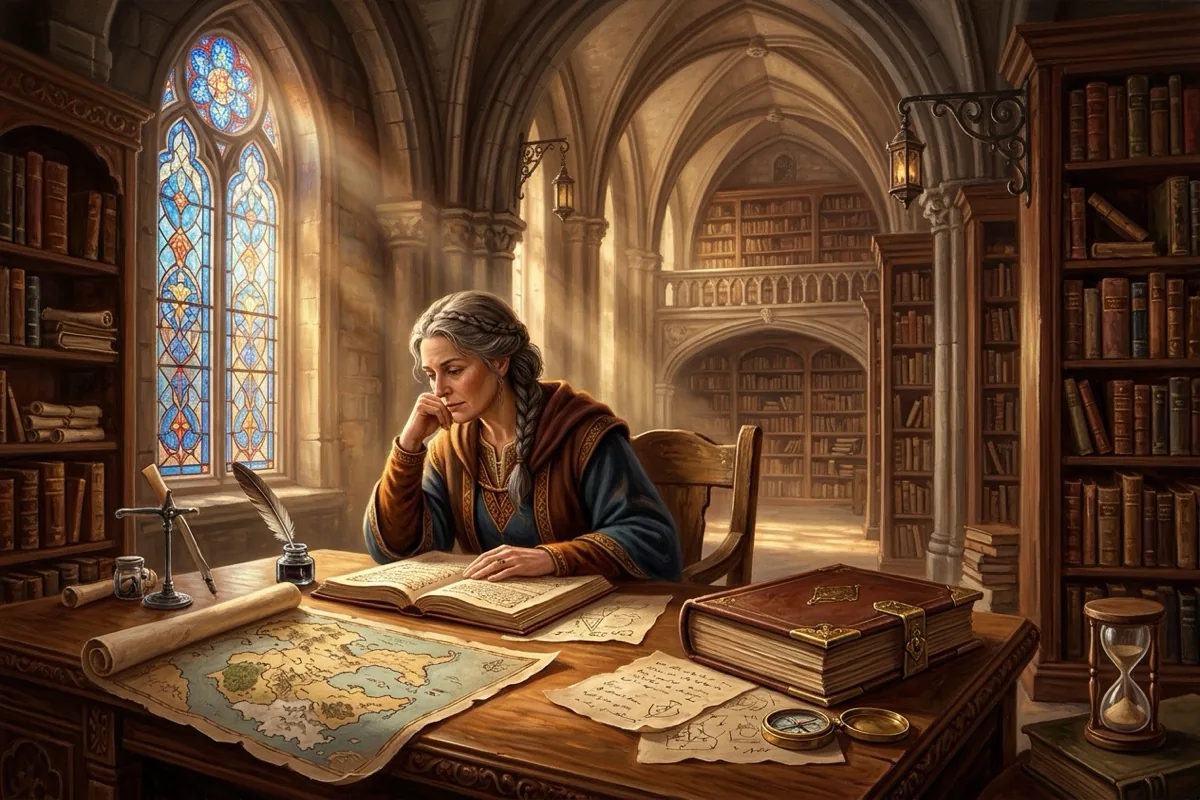 Escritor de fantasia em biblioteca medieval iluminada por vitrais góticos, examinando manuscrito de livro sobre mesa de madeira com mapa antigo, tinteiro de pena, livro encadernado em couro e ampulheta.