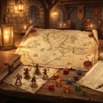 Mesa rústica de madeira em taverna medieval iluminada por velas, exibindo mapa de fantasia em pergaminho, dados poliédricos coloridos, livro de couro, miniaturas de aventureiros de bronze e fichas de personagens preparados para uma sessão de RPG.