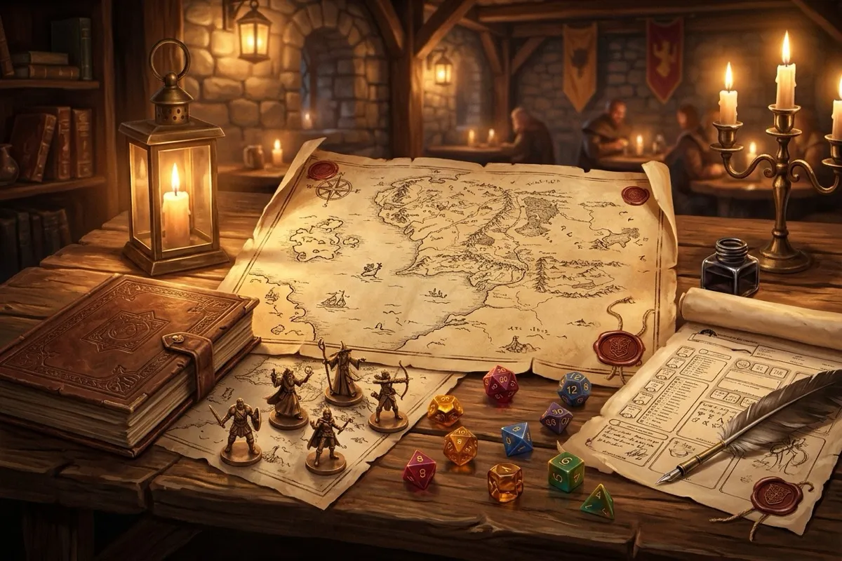 Mesa rústica de madeira em taverna medieval iluminada por velas, exibindo mapa de fantasia em pergaminho, dados poliédricos coloridos, livro de couro, miniaturas de aventureiros de bronze e fichas de personagens preparados para uma sessão de RPG.