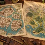 Mapas fictícios de uma cidade com canais e de um reino atravessado por rios, lado a lado sobre uma mesa.