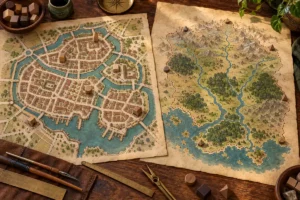 Mapas fictícios de uma cidade com canais e de um reino atravessado por rios, lado a lado sobre uma mesa.