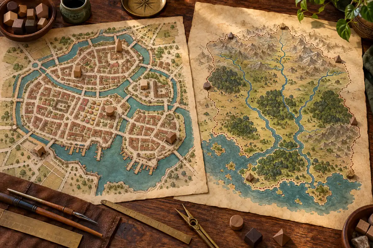Mapas fictícios de uma cidade com canais e de um reino atravessado por rios, lado a lado sobre uma mesa.