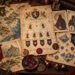 Mesa de worldbuilding com mapas, brasões, árvore genealógica, pergaminhos, selos e elementos de RPG para criação de nomes de personagens e reinos de fantasia.