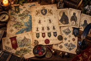 Mesa de worldbuilding com mapas, brasões, árvore genealógica, pergaminhos, selos e elementos de RPG para criação de nomes de personagens e reinos de fantasia.