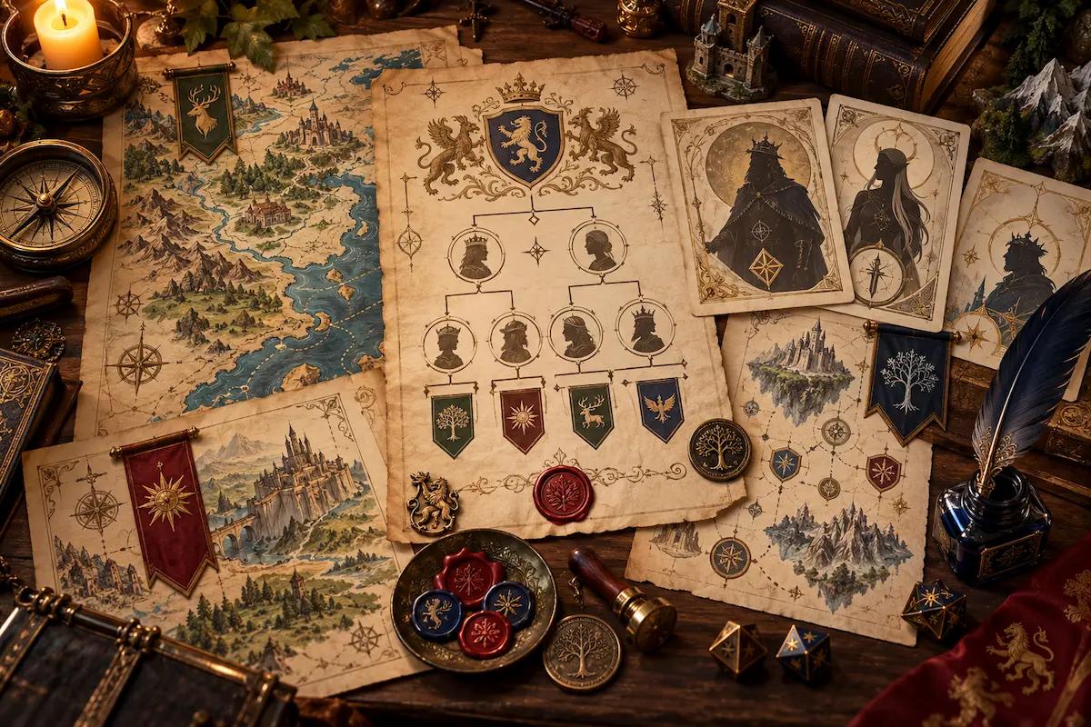 Mesa de worldbuilding com mapas, brasões, árvore genealógica, pergaminhos, selos e elementos de RPG para criação de nomes de personagens e reinos de fantasia.