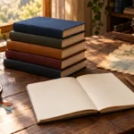 Cinco livros sem títulos, caderno aberto em branco e mapa fictício sobre mesa de leitura.