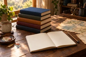 Cinco livros sem títulos, caderno aberto em branco e mapa fictício sobre mesa de leitura.