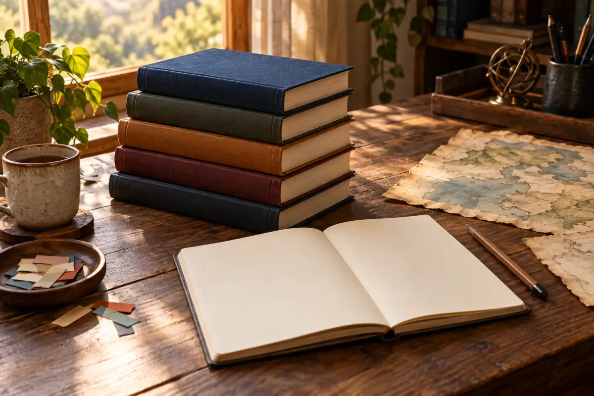 Cinco livros sem títulos, caderno aberto em branco e mapa fictício sobre mesa de leitura.