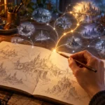 Mão com lápis seleciona uma ramificação entre ideias visuais de cidades de fantasia acima de um caderno.