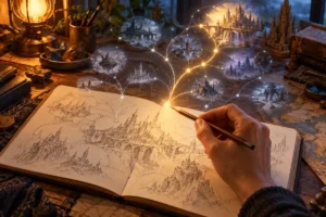 Mão com lápis seleciona uma ramificação entre ideias visuais de cidades de fantasia acima de um caderno.