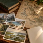 Mesa de criação com livros, imagens de paisagens, mapa de fantasia, bússola e caderno em branco.