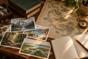 Mesa de criação com livros, imagens de paisagens, mapa de fantasia, bússola e caderno em branco.