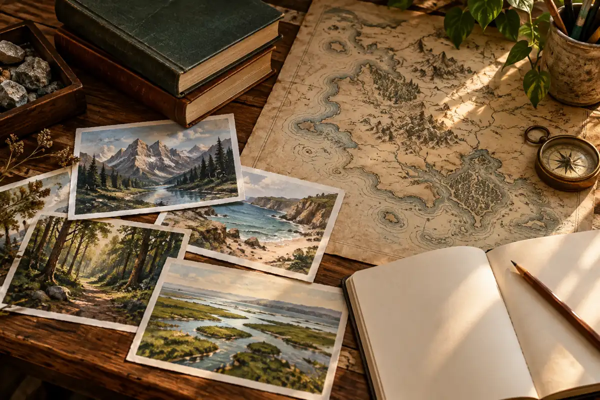 Mesa de criação com livros, imagens de paisagens, mapa de fantasia, bússola e caderno em branco.