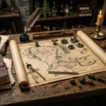 Mesa rústica de carvalho de um criador de mundos vista do alto, com um grande mapa cartográfico de fantasia em pergaminho aberto ao centro, acompanhado de dados de RPG poliédricos, compasso de latão, pena com tinteiro, livros antigos encadernados em couro e luz de vela aromática criando sombras atmosféricas.