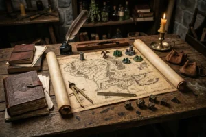 Mesa rústica de carvalho de um criador de mundos vista do alto, com um grande mapa cartográfico de fantasia em pergaminho aberto ao centro, acompanhado de dados de RPG poliédricos, compasso de latão, pena com tinteiro, livros antigos encadernados em couro e luz de vela aromática criando sombras atmosféricas.