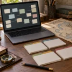 Notebook com cartões de notas conectados na tela, fichas em branco e mapa fictício sobre mesa.