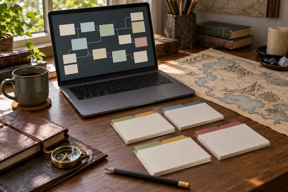 Notebook com cartões de notas conectados na tela, fichas em branco e mapa fictício sobre mesa.