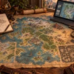 Mapa de fantasia em criação sobre mesa de worldbuilding, com continentes, cidades, regiões, dungeon e interface digital de edição ao fundo.