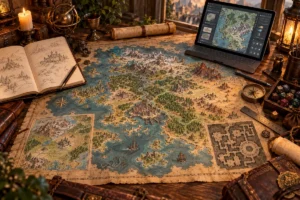 Mapa de fantasia em criação sobre mesa de worldbuilding, com continentes, cidades, regiões, dungeon e interface digital de edição ao fundo.