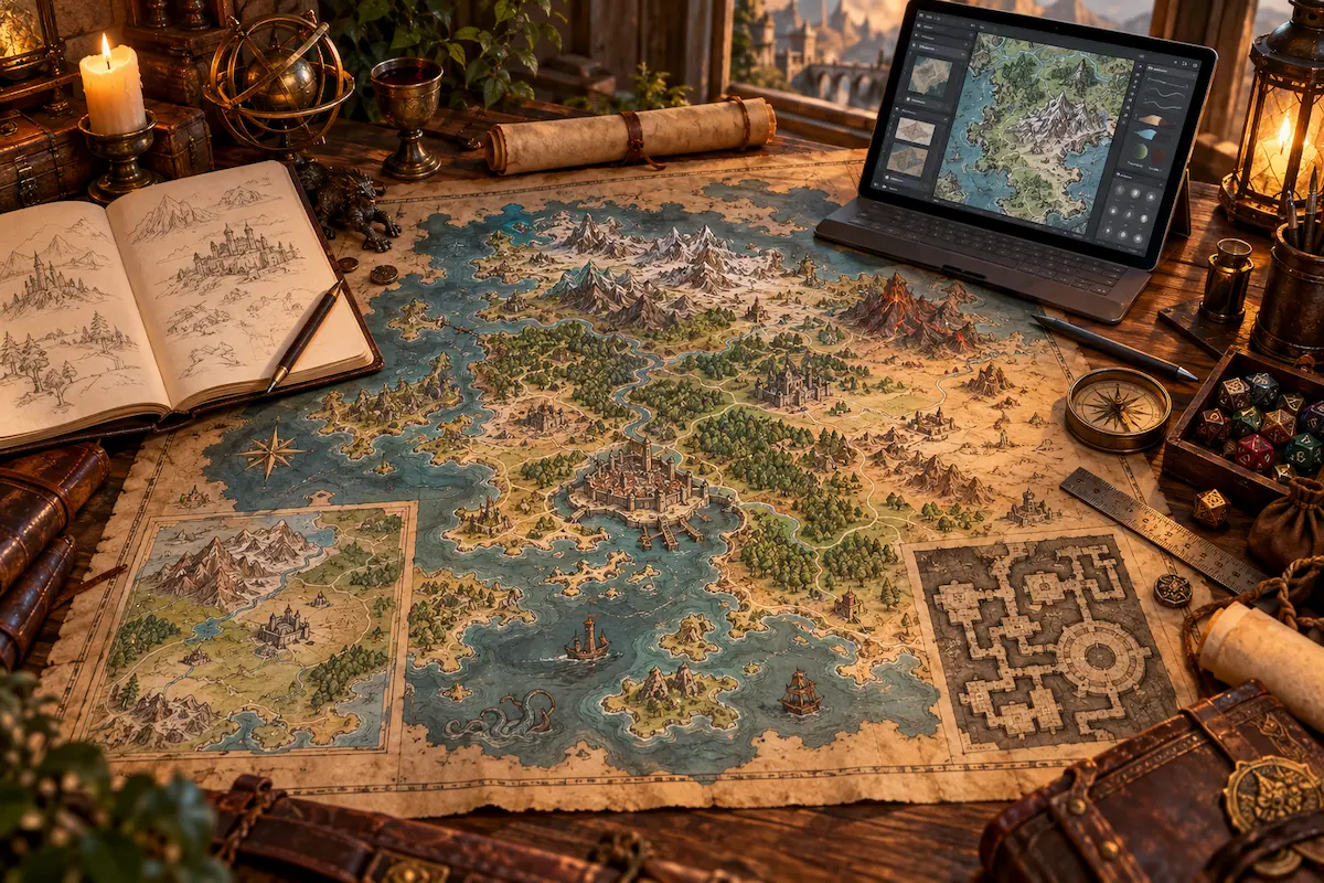 Mapa de fantasia em criação sobre mesa de worldbuilding, com continentes, cidades, regiões, dungeon e interface digital de edição ao fundo.